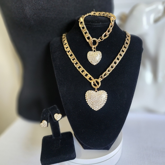 Gold Cuban Link Chain Neckace Bracelet Set with Toggle Clasp Heart Pendants Set - Picture 1 of 9
